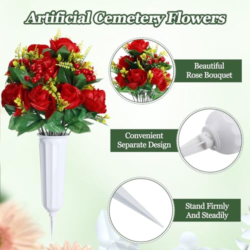 Tigeen 4 Sets Artificial Cemetery Flowers with Vase for Grave,White, Red - color: White, Red