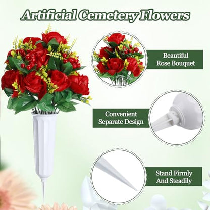 Tigeen 4 Sets Artificial Cemetery Flowers with Vase for Grave,White, Red - color: White, Red