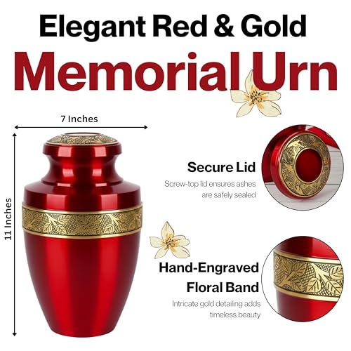 CLEENTABLE Metal Cremation Urn for Human Ashes, Red & Gold - color: Red Yellow, size: Hand-Etched Leaf - 7x11"