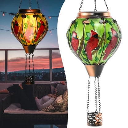 Hot Air Balloon Solar Lantern - Large Cardinal Bird Glass Lantern, Simulated Flickering & Dancing Flame, Big Outdoor Hanging Yard Light Waterproof IP65 for Patio Lawn Porch Decor Gift - style: Cardinal -Large01