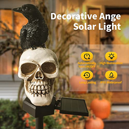 QH & Garden Halloween Skull Solar Garden Statue with Black Crow | Outdoor Decoration, Waterproof Ghost Lights, Skeleton Stakes with LED, Stunning Halloween Decorations - style: Skull and Crow