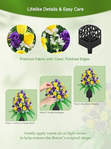 Mirevielyn 2-Pack 24-Stem Artificial Rose Cemetery Flowers with Vases - color: Yellow & Purple