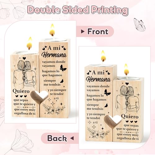 Zainpe Spanish Sister Best Friend Bestie Candle Holders Regalo para Amiga, A mi Hermana Wooden Heart Double Printing Candlestick Personalized Friendship for Mum Women Girl Soul - color: Bestie Embrace