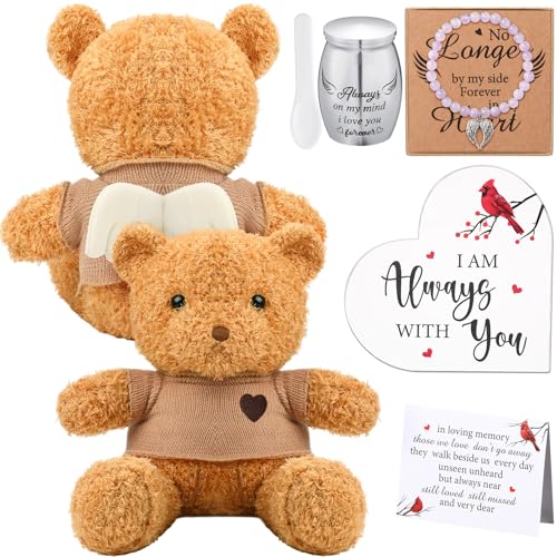 Kenning Cremation Keepsake Urn for Ashes Set, Memorial Bear with Mini Urn & Spoon, Acrylic Heart Memorial Plaque, Angel Wing Bracelet, Sympathy Bereavement Gift for Loss of Loved One or Pet (Brown) - size: Brown