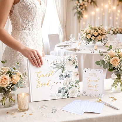 Wedding Guest Book with Pen and Table Sign, 7x9 Inch Photo Guestbook with 88 Lined Pages, Personalized Guestbook Photo Album Sign in Book for Reception Bridal Shower Wedding Birthday Party(Greenery) - style: Greenery