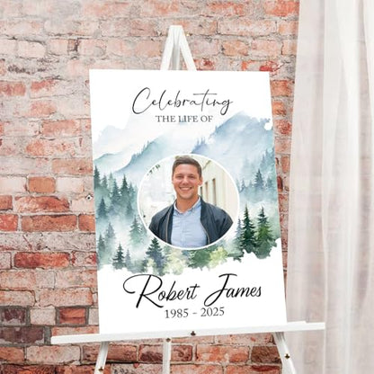 Memorial Funeral Sign, Modern Green Tree Forest Obituary Sign, 12' x 18' Weatherproof PVC, Double-Sided, Customizable - color: Version 7