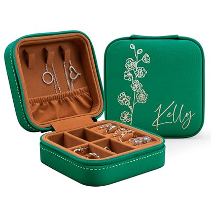 Custom Leather Jewelry Box w/Name & Birth Flower Month - Birthday Gifts for Women, Personalized Jewelry Travel Case - Customized Jewelry Organizer Box, Mom Birthday Gifts - Emerald - color: EMERALD
