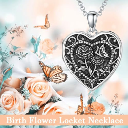 PELOVNY Birth Flower Locket Necklace for Women 925 Sterling Silver Flower Butterfly Heart Photo Locket Pendant Birthday Christmas Jewelry Gifts for Mom Daughter Wife Sister - color: 10-Marigold