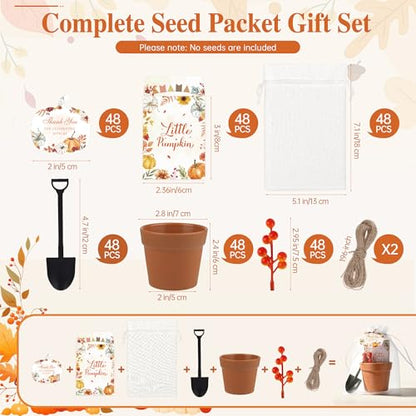 Aneco 48 Set Little Pumpkin Baby Shower Party Favors Seed Packet for Guests Include Self Adhesive Seed Envelopes Organza Bags Flowerpot Cards Shovel Berry Stems for Thanksgiving Gifts(No Seeds) - style: Autumn Pumpkin