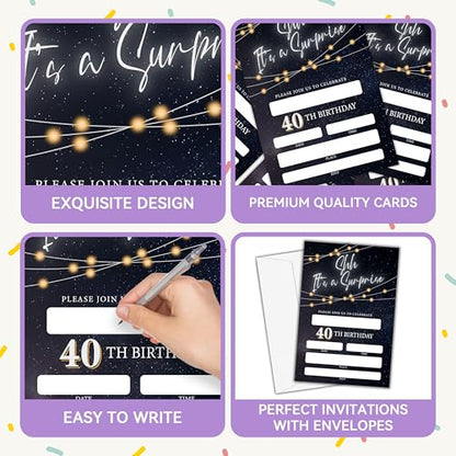 Birthday Invitations - Black Gold Glitter Bday Invites with Envelopes(25-Count) - Surprise 40th Fill-in Invite Cards for Party Supplies Favors Decorations - F08 - style: Shh 40th