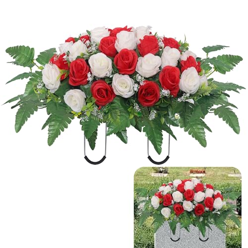 Cemetery Headstone Flower Saddle,Artificial Cemetery Flower Saddles for Graves,Artificial Rose Cemetery Memorial Flowers for Outdoor Tombstone Headstone Decorations (Red) - color: Red