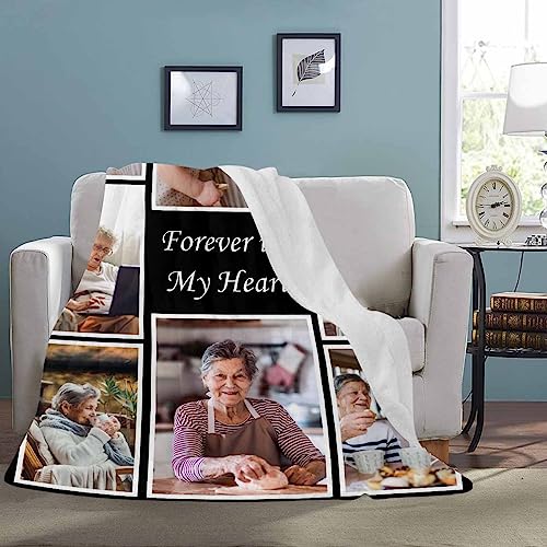 Custom Blanket with Photos Forever in My Heart 8 Photos Personalized Memorial Blankets, Throw Blanket for Family Lover Dad Mom Birthday Wedding Mother's Father's Day - color: 8 Photo Collage