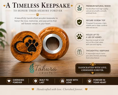 Small Pet Urn for Ashes, Mango Wood Memorial Keepsake for Dog or Cat, Paw & Heart Design, Holds up to 6 lbs - size: Small 0.6 Cu In