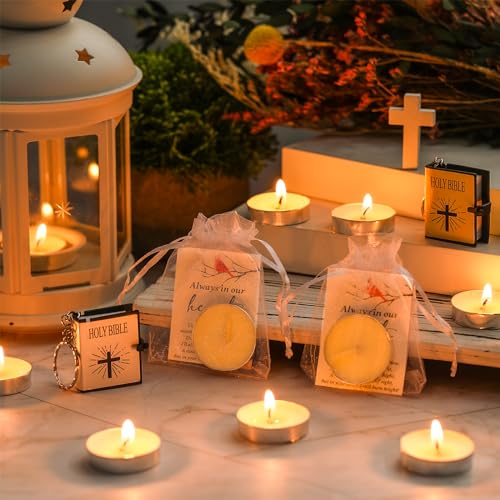 Coume 50 Set Funeral Party Favors Memorial White Candles Unscented Funeral Gifts Tealight Candles with Condolence Bereavement Cards, Organza Bags for Guest Celebration of Life Decorations (Cardinal) - style: Cardinal