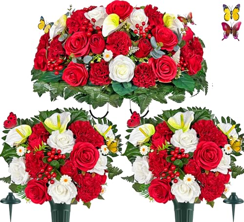 Artificial Cemetery Flower with Vases for Grave Decoration, 3PC,Red Rose Carnation，Headstone Flower Saddle (Vases Included)