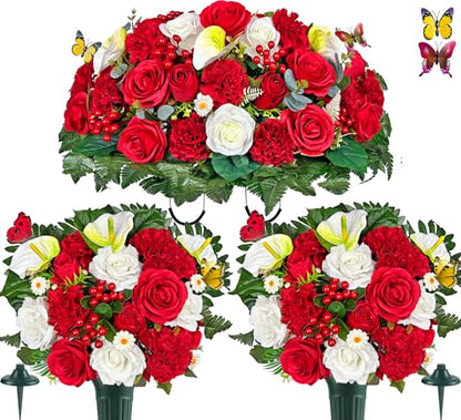 Artificial Cemetery Flower with Vases for Grave Decoration, 3PC,Red Rose Carnation，Headstone Flower Saddle (Vases Included)