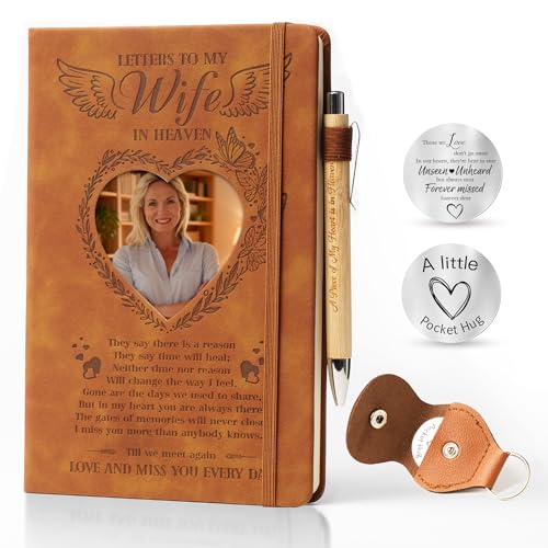 Letters to My Wife in Heaven Journal, Wife Memorial Gifts for Husband, 3 Pcs Memorial Gifts for Loss of Wife A5 Grief Journal Travel Diary with Heart Photo Window in Cover (Wife) - style: Wife