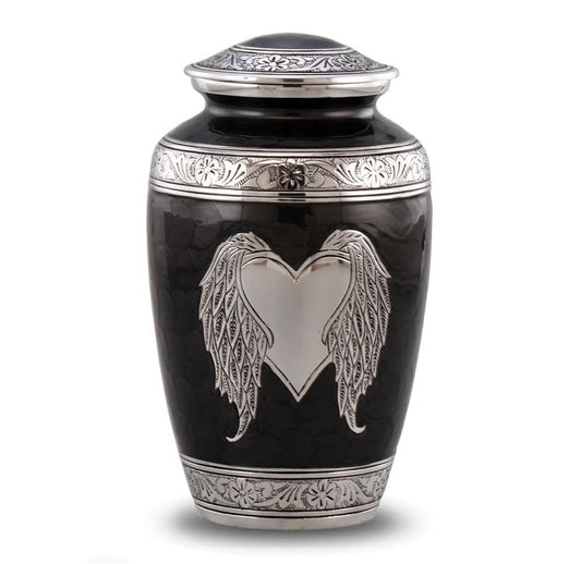 Angel Wings Urn - Loving Angel Wings & Heart Cremation Urn - Beautifully Handcrafted Adult Urns for Men and Women - Full Size Funeral and Memorial Urns for Human Ashes with Velvet Bag (Black) - color: Black