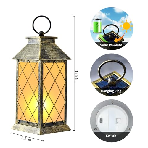 18" Solar Lanterns Outdoor Waterproof Flickering Flame Patina - color: Antique Patina