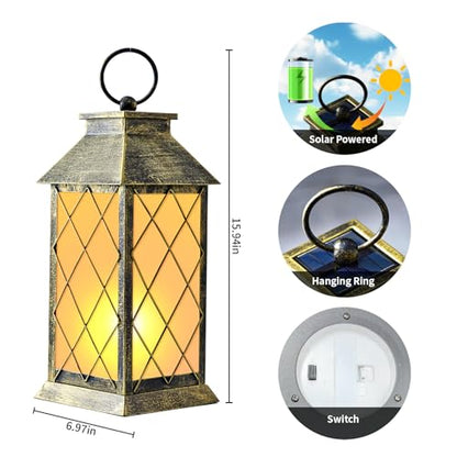 18" Solar Lanterns Outdoor Waterproof Flickering Flame Patina - color: Antique Patina