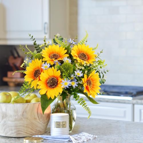 15" Sunflowers Artificial Flowers 25 Branches Grave Flowers for Cemetery | Faux Sunflowers Silk Summer Flowers Arrangements for Vase Bridal Bouquets Wedding Centerpieces Home Kitchen Table - color: Yellow,blue
