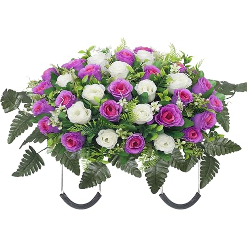 Artificial Cemetery Flower Saddles Cemetery Flowers for Grave Memorial Grave Flowers with Vases for Cemetery Decoration - color: Purple