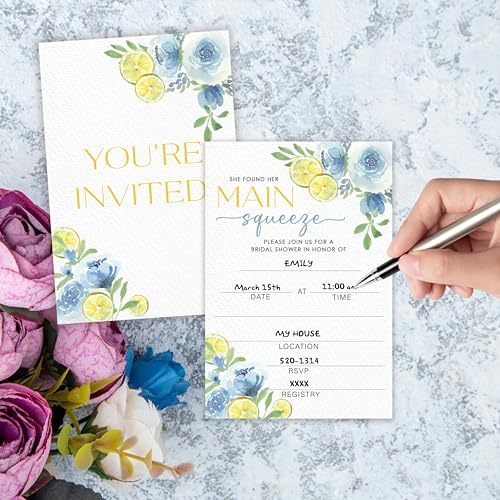Main Squeeze Bridal Shower Invitations | Lemon Bridal Shower Invites, Blue Floral Citrus Invitations with Envelopes, Wedding Party Decorations-A10 - style: main squeeze