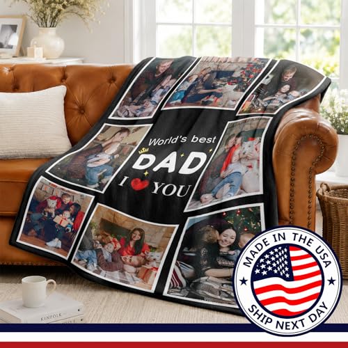 Fathers Day Birthday Gift for Dad Custom Blanket with 8 Photo & Text, Personalized Blankets with Picture to My Dad, HD Printing Customized Flannel Throw Blanket Gifts for Best Daddy Grandpa Ever - color: Dad-3