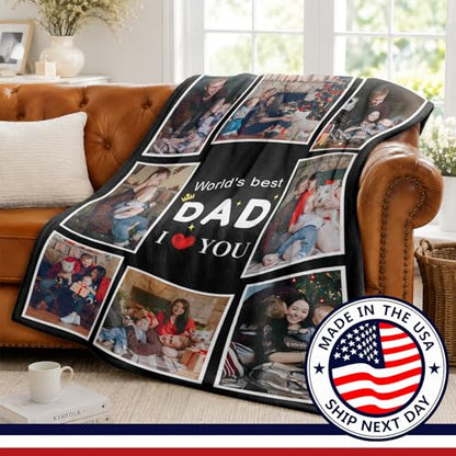 Fathers Day Birthday Gift for Dad Custom Blanket with 8 Photo & Text, Personalized Blankets with Picture to My Dad, HD Printing Customized Flannel Throw Blanket Gifts for Best Daddy Grandpa Ever - color: Dad-3