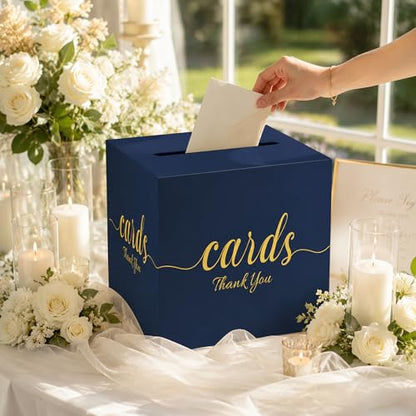 Wedding Card Box with Slot Navy Blue Gold 7.8 in Baby Shower Party | Graduation, Birthday, Bridal Shower, Wedding Reception, Holds Cards & Envelopes, Gift Cards, Easy Assembly, Folds Flat - color: BlueGoldThanks