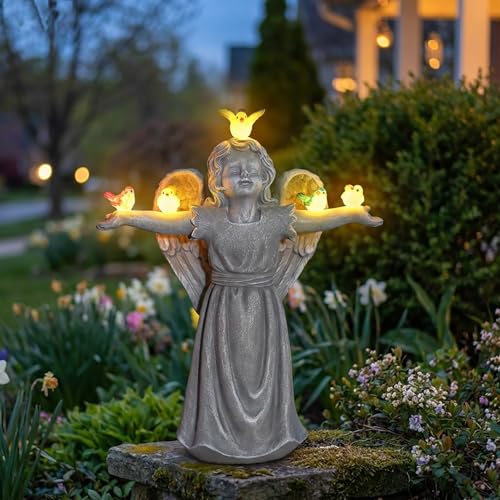 Angel Garden Statue with 5 Birds Solar Lights, Resin Cherub Figurine | Outdoor Decor for Garden Porch Yard, Gift for Women, Teacher, Mother, Birthday, Housewarming