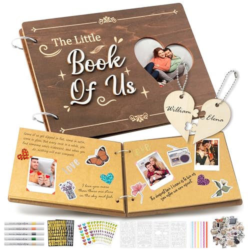 CY2SIDE Valentine's Day Couple Photo Album Scrapbook - 111PCS The Little Book of Us Wooden Album Scrapbook Kit for Lovers with Heart Puzzle Brown Paper Sticker and Template for DIY Dating Anniversary - style: Love of Story