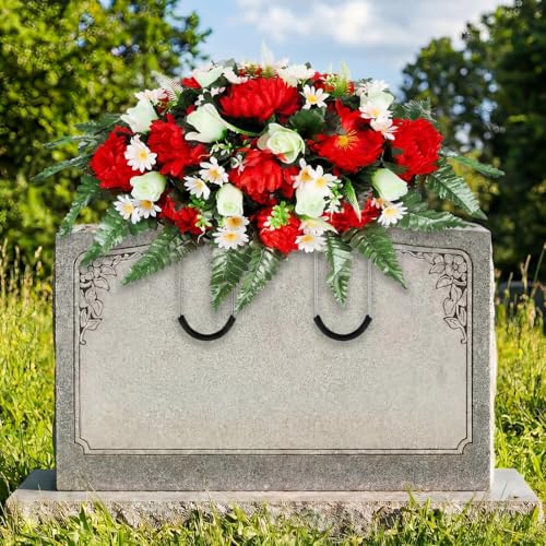 Giegxin Father's Day Headstone Flower Saddle Cemetery Flowers for Grave Large Red Mums and White Rose Artificial Memorial Bouquets Floral Arrangement for Dad Headstone Graveyard Outdoor Decoration - color: Red,white,yellow, style: Vivid Style