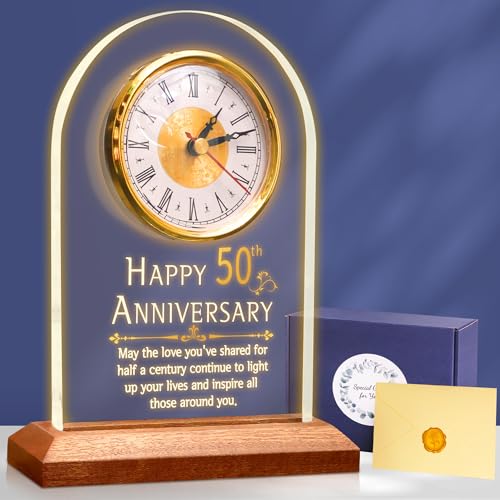 OkiyiD 50th Anniversary Wedding Gift, Anniversary Quartz Clock, Desk Table Clock, 50 Years of Marriage, Golden Wedding for Couple, Parents, Grandparents (Wooden Base with LED Light) - color: Pattern 1