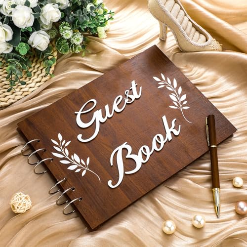 Spakon 3 Pcs Wooden Wedding Guest Book with Sign and Pen, Rustic Album