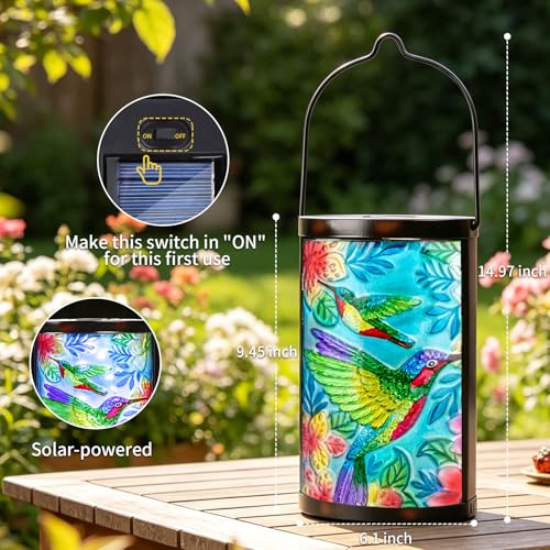 MUMTOP Hummingbird Solar Lantern, Hanging Glass Outdoor Garden Light - color: Turquoise