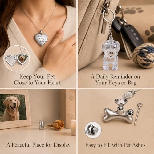 Pet Memorial Gift Set for Loss of Dog Cat | Resin Paw Print Box, Stainless Steel Cremation Urn, Waterproof Ashes Necklace (Bone&Heart), Pet Hair Keychain sympathy gift