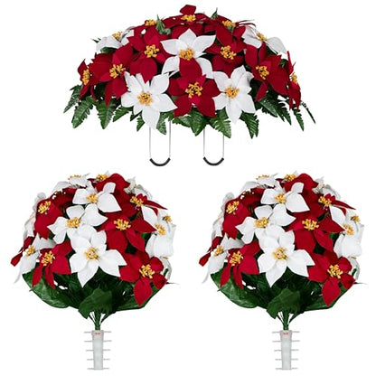 Artificial Cemetery Flowers - Gravesite Memorial Arrangment - Red & White Poinsettia - (1) Saddle (2) Bouquets - color: Red & White, size: (1) Saddle (2) Bouquets