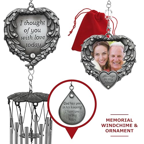 Sympathy Memorial Wind Chime & Photo Ornament Gift Set – “I Thought of You with Love Today” Engraved Chime – Angel Wings “in Loving Memory” Picture Ornament -2” Photo – Bereavement & Funeral Gift