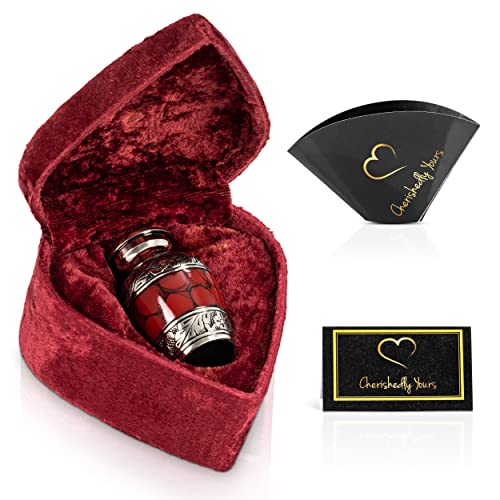 Small Keepsake Cremation Urns for Human Ashes with Velvet Heart Case and Funnel - Crimson : Deep Red Brass Hand Engraved Mini Memorial Urn - color: Red/Crimson Small Keepsake Urn
