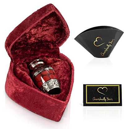 Small Keepsake Cremation Urns for Human Ashes with Velvet Heart Case and Funnel - Crimson : Deep Red Brass Hand Engraved Mini Memorial Urn - color: Red/Crimson Small Keepsake Urn