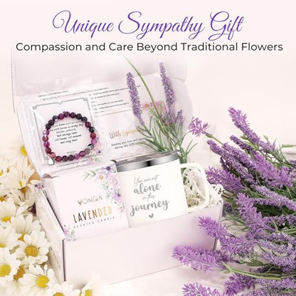 Sympathy Gifts for Loss of Loved One, Bereavement Grief Basket for Women | Sorry for Your Loss Condolences Gift for Grieving Friend, Mom or Sister with Lavender Candle, Insulated Mug, Bracelet & Card