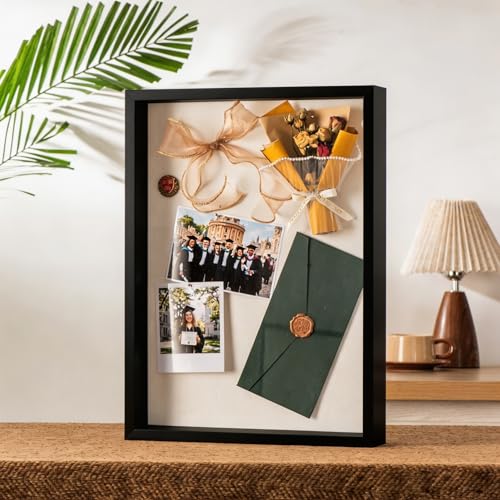 12x16 Large Shadow Box Frame with Thickened Acrylic Panel & Pins | With Push Pins, Deep 1.7" Black Shadow Box Display Case – Display on Tabletop or Wall for Jersey, T-shirt, Keepsake, Wedding - color: Black+high Definition Panel + Shatter-proof Packaging,