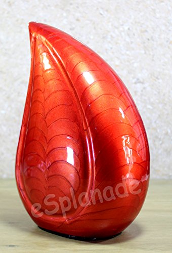eSplanade Metal Cremation Urn Memorial Jar Pot Container | Full Size Embossed Urn for Ashes Funeral Burial | Teardrop Metal Urns | Red Fire - 10" Inches