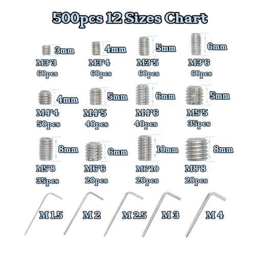 500pcs Set Screws, Grub Screw Set, Set Screws Assortment Kit M3 M4 M5 M6 M8 for Home Repair, Repair Furniture, Electronic Product, Install Door Lock, DIY, Bathroom Fixtures (Stainless Steel 12 Sizes) - size: 500pcs(Stainless Steel 12 Sizes)