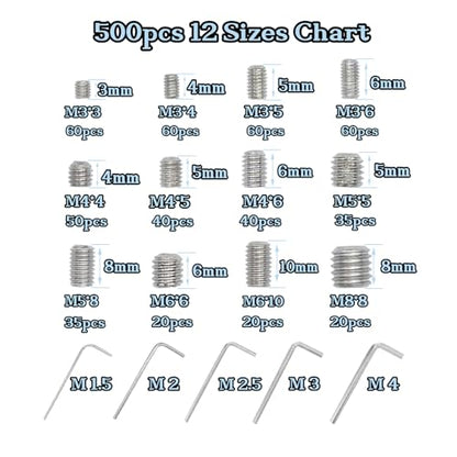 500pcs Set Screws, Grub Screw Set, Set Screws Assortment Kit M3 M4 M5 M6 M8 for Home Repair, Repair Furniture, Electronic Product, Install Door Lock, DIY, Bathroom Fixtures (Stainless Steel 12 Sizes) - size: 500pcs(Stainless Steel 12 Sizes)