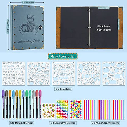 ZEEYUAN Leather Scrapbook Album 60 Pages Love Memory Photo Album 8.5x11 inch, Travelling Journal Scrap Book Family Scrapbook Scrapbooking Supplies Kits Gift for Couples Anniversary Wedding - color: Grayish-blue