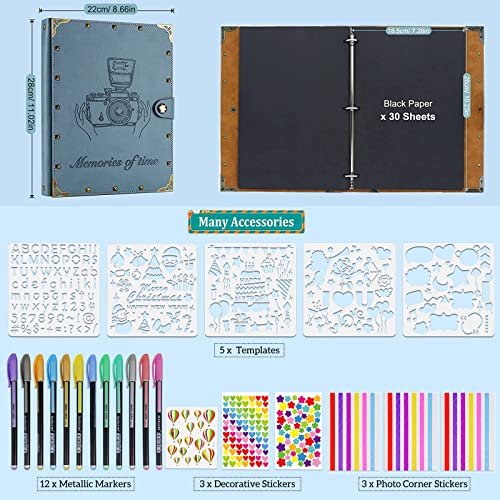 ZEEYUAN Leather Scrapbook Album 60 Pages Love Memory Photo Album 8.5x11 inch, Travelling Journal Scrap Book Family Scrapbook Scrapbooking Supplies Kits Gift for Couples Anniversary Wedding - color: Grayish-blue