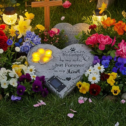Pet Memorial Stone Solar Lighted Glowing Paw Print Heart Statue 10" | Pet Headstones For Dogs Cats with "Forever in My Heart" Engraved, Waterproof Resin Loss of Dog Sympathy Gift - color: Heart Pet