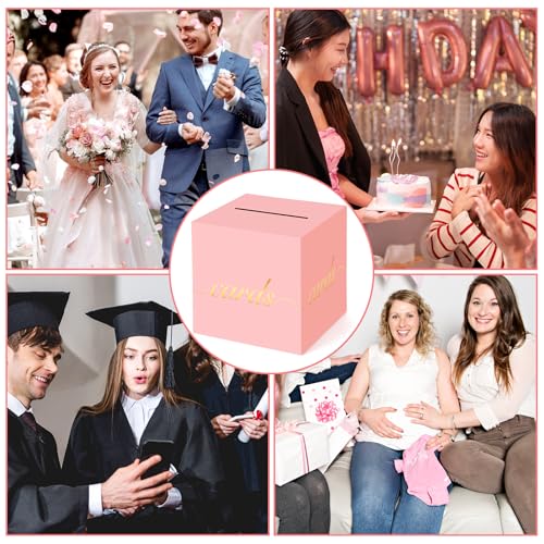 Pink Card Box Gold Foil Wedding Favors Gift Card Boxes Post Box Receiving Money Box Holder for Wedding Reception, Baby Showers, Anniversary, Birthday Party, Retirement, Graduation Envelope Holder - color: Pink and Gold
